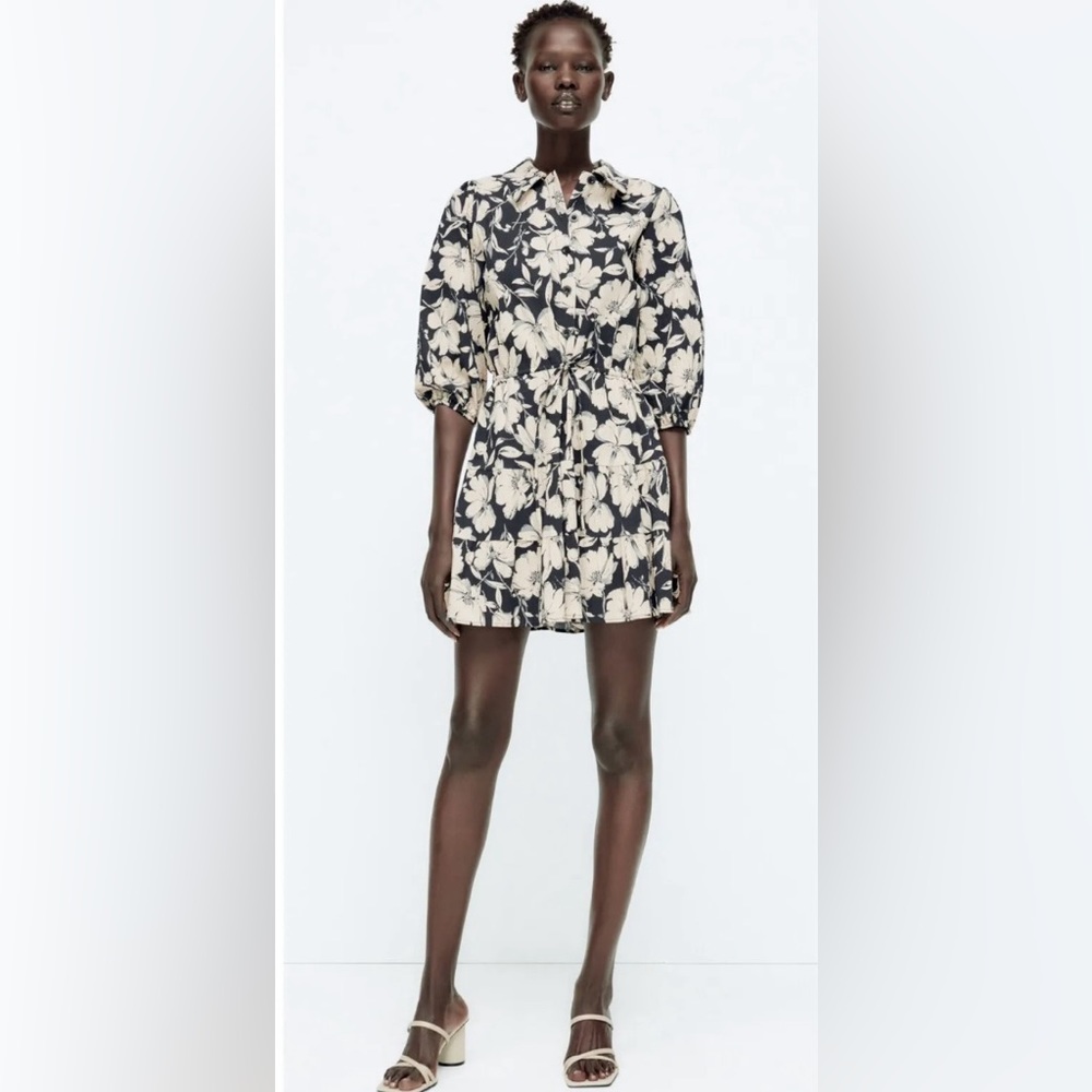 NWT Zara Seersucker Black/Off White Floral Tiered Skirt Mini Dress 3/4 Sleeves ✨